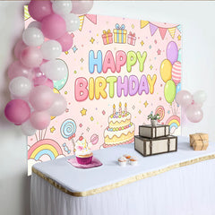 Lofaris Pastel Pink Cartoon Happy Birthday Backdrop with Colorful Balloons and Cake, Cute Party Decor for Kids Photoshoot and Celebration