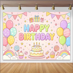 Lofaris Pastel Pink Cartoon Happy Birthday Backdrop with Colorful Balloons and Cake, Cute Party Decor for Kids Photoshoot and Celebration