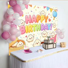 Lofaris Colorful Cartoon Steamed Bun Happy Birthday Backdrop with Lanterns and Confetti, Cute Party Background for Kids Photoshoot Decor