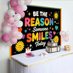 Lofaris Retro Groovy Quote Photography Backdrop with Smiling Suns and Hearts, Be The Reason Someone Smiles Today for Studio Photoshoot