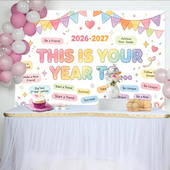 Lofaris Colorful Pastel New Year Resolution Backdrop with Motivational Phrases, Inspirational Background for Goal Setting Party Decor