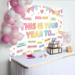 Lofaris Colorful Pastel New Year Resolution Backdrop with Motivational Phrases, Inspirational Background for Goal Setting Party Decor