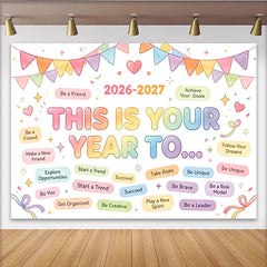 Lofaris Colorful Pastel New Year Resolution Backdrop with Motivational Phrases, Inspirational Background for Goal Setting Party Decor