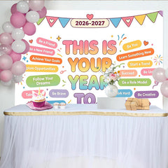 Lofaris Colorful Motivational Happy New Year Backdrop with Pennants and Confetti, Inspirational Photo Background for Celebration Party Decor