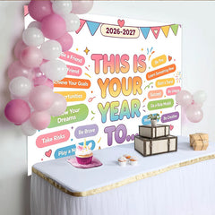 Lofaris Colorful Motivational Happy New Year Backdrop with Pennants and Confetti, Inspirational Photo Background for Celebration Party Decor