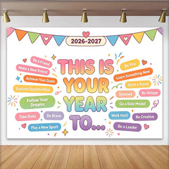 Lofaris Colorful Motivational Happy New Year Backdrop with Pennants and Confetti, Inspirational Photo Background for Celebration Party Decor
