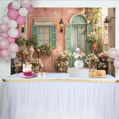 Lofaris Pastellrosa Wand, Minzgrüne Tür und Blumen Partyhintergrund, für Hochzeiten, Geburtstage und Fotoshootings
