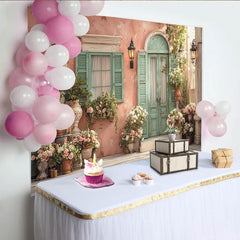 Lofaris Pastellrosa Wand, Minzgrüne Tür und Blumen Partyhintergrund, für Hochzeiten, Geburtstage und Fotoshootings