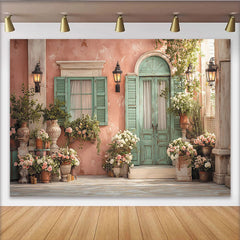 Lofaris Pastellrosa Wand, Minzgrüne Tür und Blumen Partyhintergrund, für Hochzeiten, Geburtstage und Fotoshootings
