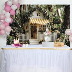 Lofaris Märchenhaftes Gartenhäuschen mit Rosen Partyhintergrund, gelb-weiß gestreifte Markise, für Babyparty und Geburtstag