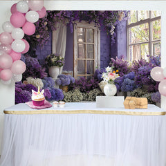 Lofaris Romantischer lila Blumen-Fenster-Ziegelwand-Hintergrund, für Hochzeiten, Babypartys und elegante Fotoshootings