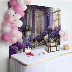 Lofaris Romantischer lila Blumen-Fenster-Ziegelwand-Hintergrund, für Hochzeiten, Babypartys und elegante Fotoshootings