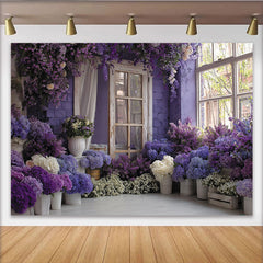 Lofaris Romantischer lila Blumen-Fenster-Ziegelwand-Hintergrund, für Hochzeiten, Babypartys und elegante Fotoshootings
