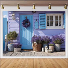 Lofaris Lavendel-Hintergrund mit blauem Tür-Motiv, Fotokulisse für Gartenpartys, rustikale Sommerdekoration