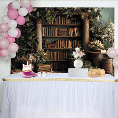 Lofaris Vintage Holz-Bücherregal-Hintergrund mit Grünpflanzen und Blumen, für Fotoshootings und Events, elegante Dekoration