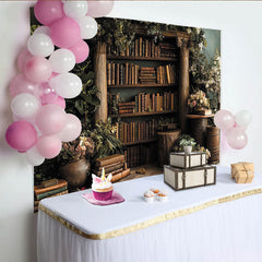 Lofaris Vintage Holz-Bücherregal-Hintergrund mit Grünpflanzen und Blumen, für Fotoshootings und Events, elegante Dekoration