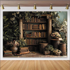 Lofaris Vintage Holz-Bücherregal-Hintergrund mit Grünpflanzen und Blumen, für Fotoshootings und Events, elegante Dekoration