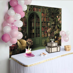 Lofaris Lush Green Library Photography Backdrop with Pink Flowers and Vintage Books, Elegant Studio Background for Portrait Photoshoot