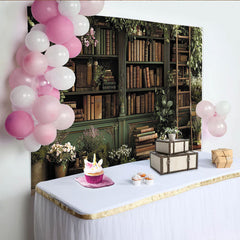 Lofaris Enchanted Library Backdrop with Green Bookshelves and Lush Greenery, Vintage Floral Background for Studio Photoshoot and Portrait