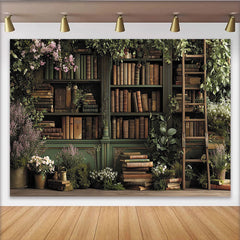 Lofaris Enchanted Library Backdrop with Green Bookshelves and Lush Greenery, Vintage Floral Background for Studio Photoshoot and Portrait