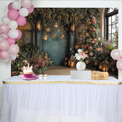 Lofaris Enchanted Floral Garden Photography Backdrop with Lanterns and Fairy Lights, Elegant Studio Background for Party and Portraits