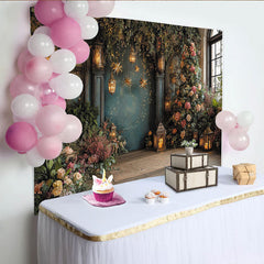 Lofaris Enchanted Floral Garden Photography Backdrop with Lanterns and Fairy Lights, Elegant Studio Background for Party and Portraits