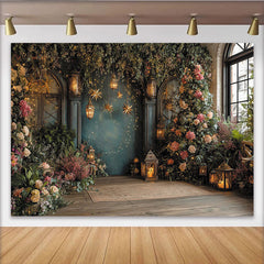 Lofaris Enchanted Floral Garden Photography Backdrop with Lanterns and Fairy Lights, Elegant Studio Background for Party and Portraits