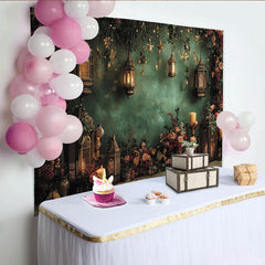 Lofaris Vintage Floral Photography Backdrop with Glowing Lanterns and Candles, Elegant Dark Green Wall for Portrait Photoshoot