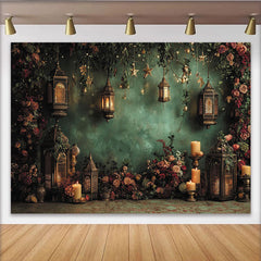 Lofaris Vintage Floral Photography Backdrop with Glowing Lanterns and Candles, Elegant Dark Green Wall for Portrait Photoshoot