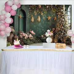 Lofaris Elegant Green Christmas Backdrop with Gold Ornaments and Twinkle Lights, Festive Holiday Photography Background for Winter Party Decor