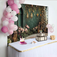 Lofaris Elegant Green Christmas Backdrop with Gold Ornaments and Twinkle Lights, Festive Holiday Photography Background for Winter Party Decor