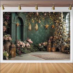 Lofaris Elegant Green Christmas Backdrop with Gold Ornaments and Twinkle Lights, Festive Holiday Photography Background for Winter Party Decor