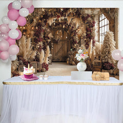 Lofaris Rustic Floral Wedding Backdrop with Pampas Grass and Lanterns, Elegant Vintage Wall Tapestry for Studio Photography