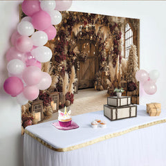 Lofaris Rustic Floral Wedding Backdrop with Pampas Grass and Lanterns, Elegant Vintage Wall Tapestry for Studio Photography