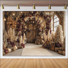 Lofaris Rustic Floral Wedding Backdrop with Pampas Grass and Lanterns, Elegant Vintage Wall Tapestry for Studio Photography