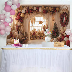 Lofaris Christmas Pampas Grass Balloon Backdrop with Red and Gold Decor, Elegant Holiday Party Background for Festive Photoshoot