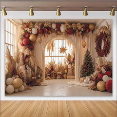 Lofaris Christmas Pampas Grass Balloon Backdrop with Red and Gold Decor, Elegant Holiday Party Background for Festive Photoshoot