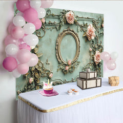 Lofaris Vintage Floral Photography Backdrop with Ornate Frame and Pink Roses, Elegant Textured Wall Background for Studio Photoshoot