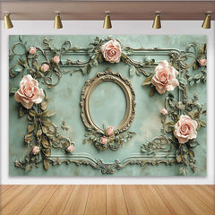 Lofaris Vintage Floral Photography Backdrop with Ornate Frame and Pink Roses, Elegant Textured Wall Background for Studio Photoshoot