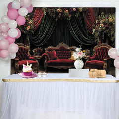 Lofaris Vintage Velvet Floral Photography Backdrop, Luxurious Red Sofa and Green Drapes Studio Background for Elegant Portrait