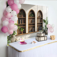 Lofaris Rustic Arch Bookshelf Photography Backdrop with Green Plants and Books, Cozy Indoor Studio Background for Portrait Photo