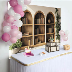 Lofaris Arched Wooden Bookshelf Photography Backdrop with Green Plants and Books, Cozy Library Background for Studio Portrait