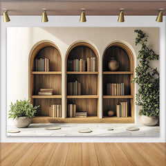 Lofaris Arched Wooden Bookshelf Photography Backdrop with Green Plants and Books, Cozy Library Background for Studio Portrait