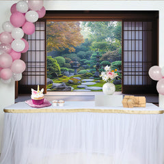Create Japanese Zen Garden Photography Backdrop with Sliding Doors, Peaceful Nature Scene for Studio Portrait