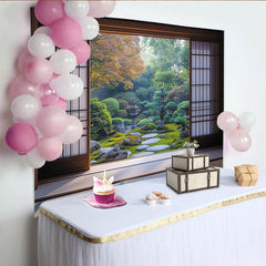 Create Japanese Zen Garden Photography Backdrop with Sliding Doors, Peaceful Nature Scene for Studio Portrait