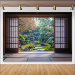Create Japanese Zen Garden Photography Backdrop with Sliding Doors, Peaceful Nature Scene for Studio Portrait