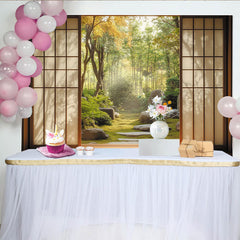 Lofaris Serene Japanese Garden Photography Backdrop with Shoji Screen View, Lush Green Moss and Bamboo Forest Background for Studio Portraits