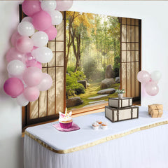 Lofaris Serene Japanese Garden Photography Backdrop with Shoji Screen View, Lush Green Moss and Bamboo Forest Background for Studio Portraits