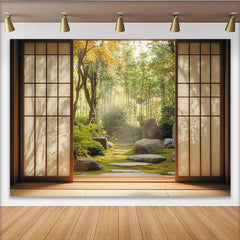 Lofaris Serene Japanese Garden Photography Backdrop with Shoji Screen View, Lush Green Moss and Bamboo Forest Background for Studio Portraits