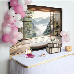 Lofaris Japanese Zen Room Photography Backdrop with Misty Mountain View, Serene Wooden Interior Studio Background for Portrait Sessions